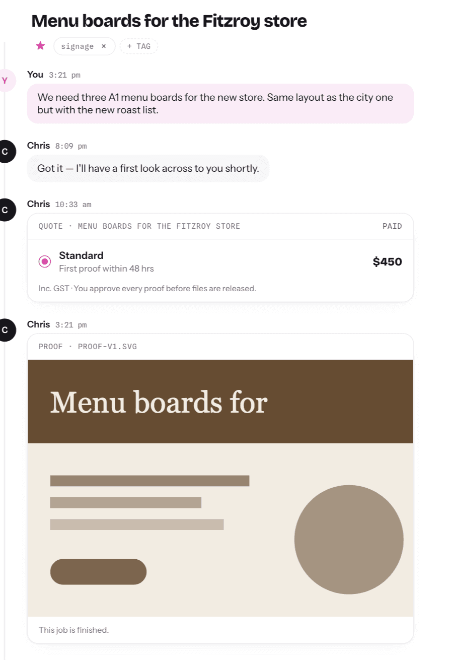 A real taskblitz job from brief to approved proof